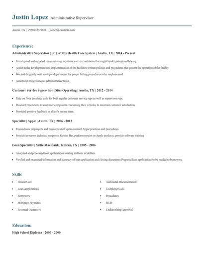 Administrative Supervisor Resume