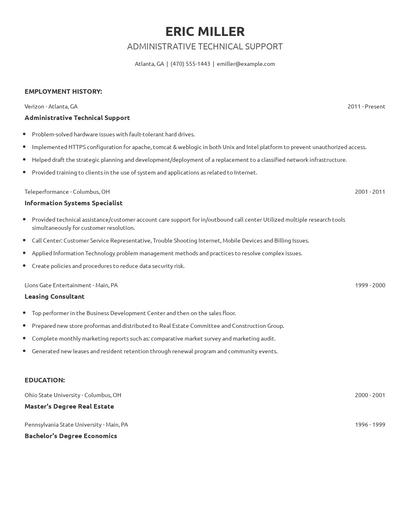 Administrative Technical Support Resume