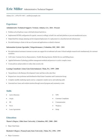 Administrative Technical Support Resume