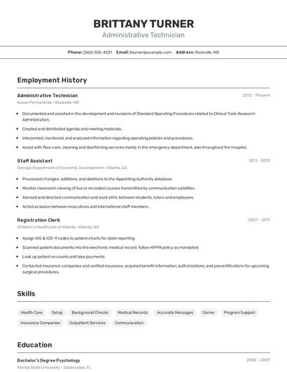 Administrative Technician Resume