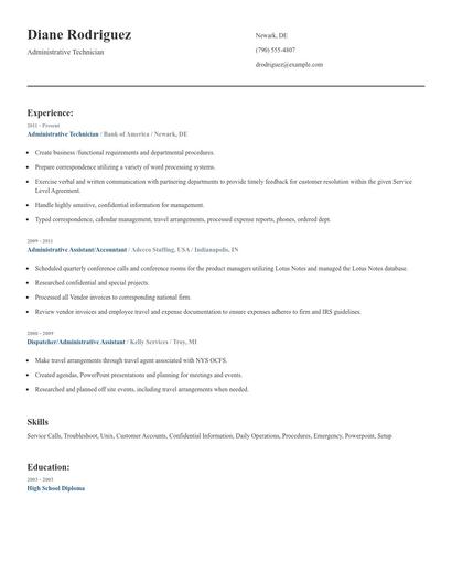 Administrative Technician Resume