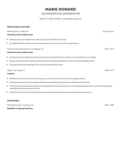 Administrative Underwriter Resume