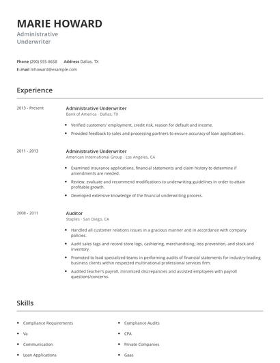 Administrative Underwriter Resume