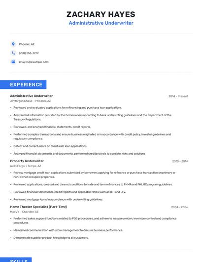 Administrative Underwriter Resume