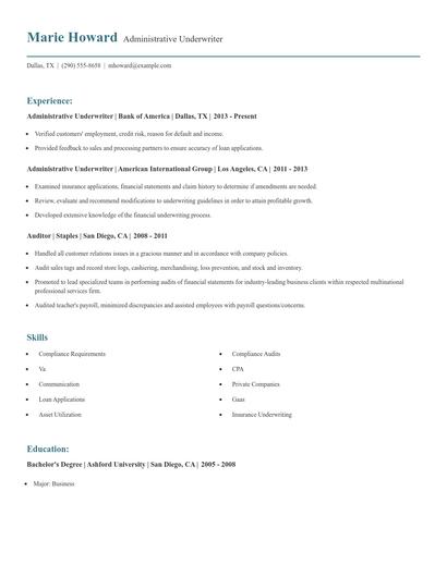 Administrative Underwriter Resume
