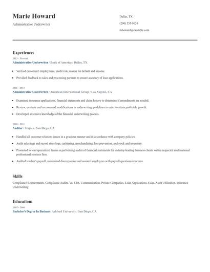 Administrative Underwriter Resume