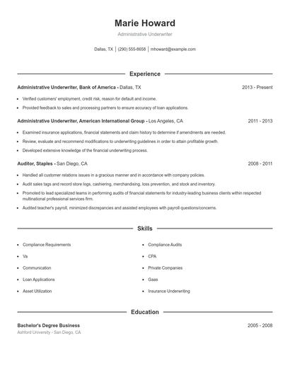 Administrative Underwriter Resume