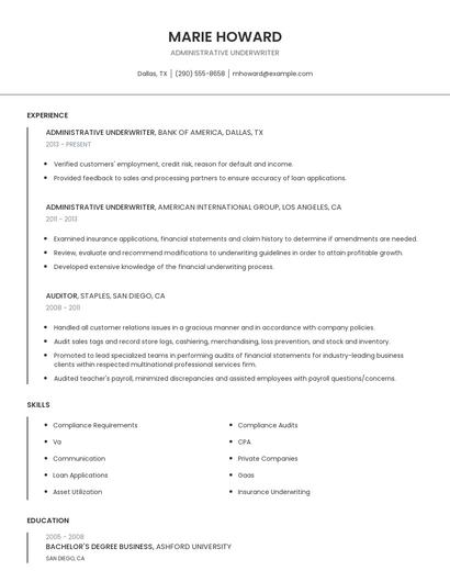 Administrative Underwriter Resume
