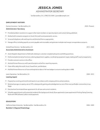 Administrator Secretary Resume