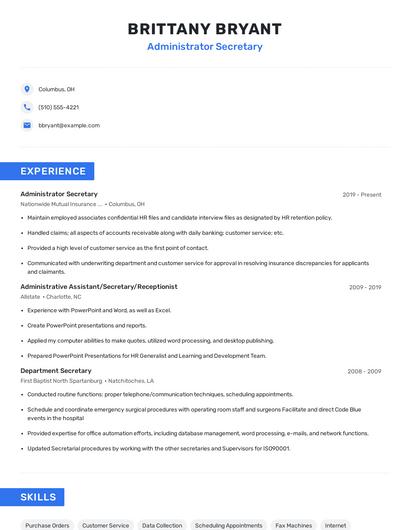 Administrator Secretary Resume