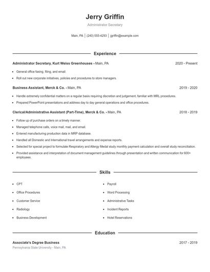 Administrator Secretary Resume