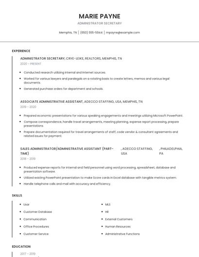 Administrator Secretary Resume