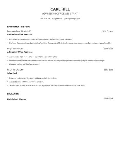 Admission Office Assistant Resume