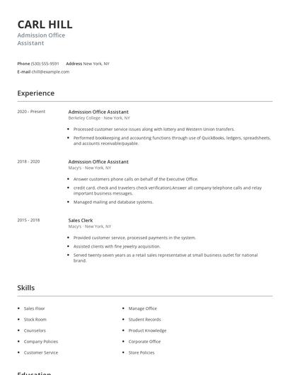 Admission Office Assistant Resume