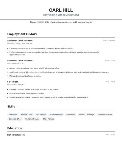 Admission Office Assistant Resume