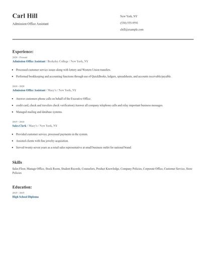 Admission Office Assistant Resume