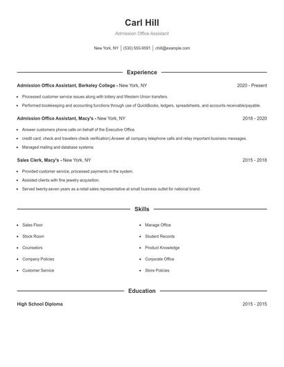 Admission Office Assistant Resume