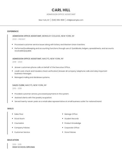 Admission Office Assistant Resume