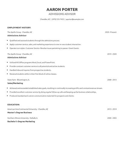 Admissions Advisor Resume