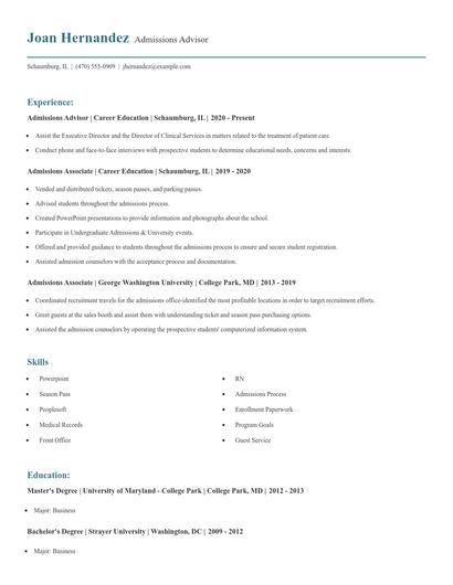 Admissions Advisor Resume