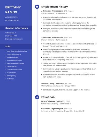 Admissions Ambassador Resume