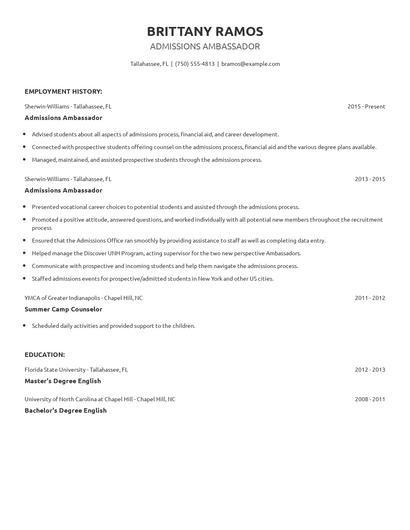 Admissions Ambassador Resume