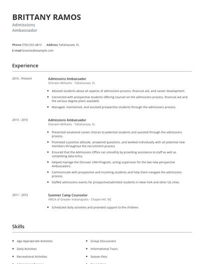 Admissions Ambassador Resume