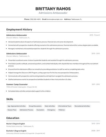 Admissions Ambassador Resume