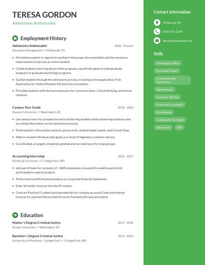 Admissions Ambassador Resume