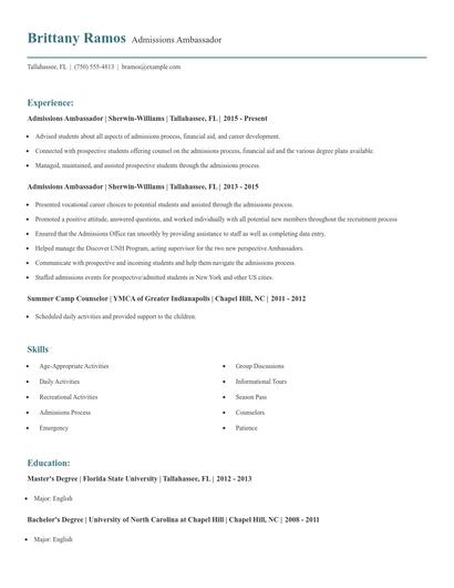 Admissions Ambassador Resume