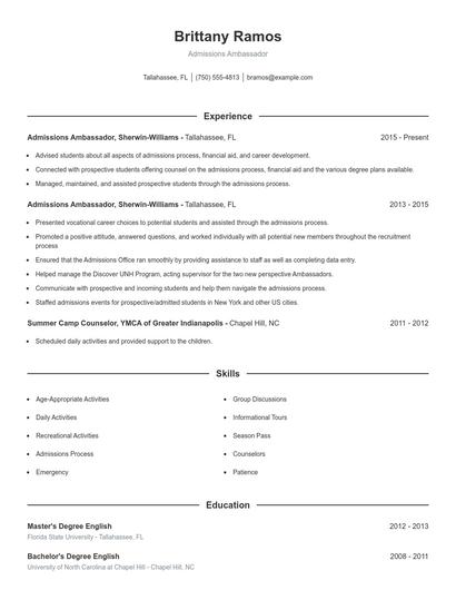 Admissions Ambassador Resume
