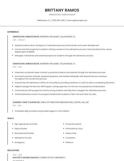 Admissions Ambassador Resume