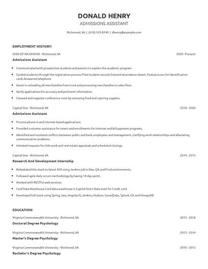 Admissions Assistant Resume