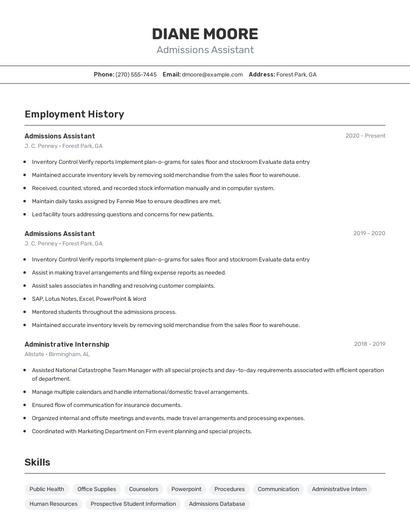 Admissions Assistant Resume