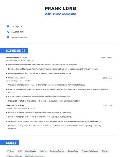 Admissions Associate Resume