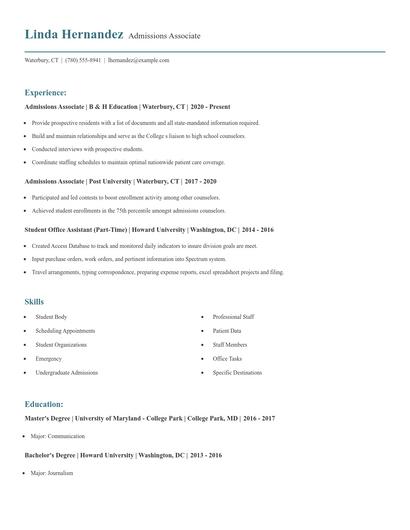 Admissions Associate Resume