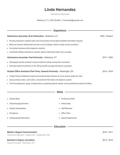 Admissions Associate Resume