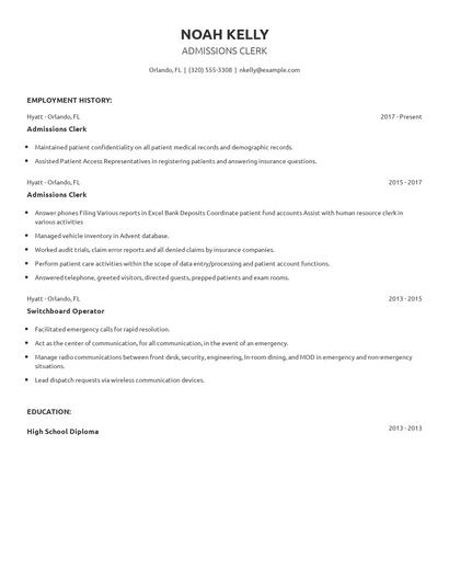Admissions Clerk Resume