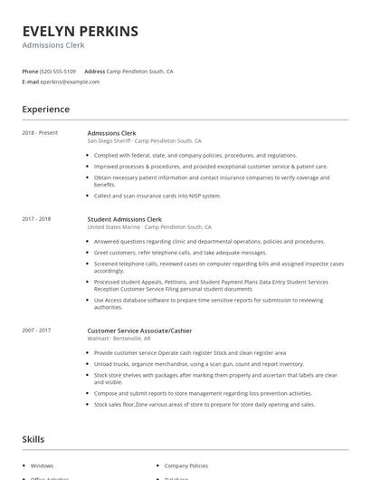 Admissions Clerk Resume