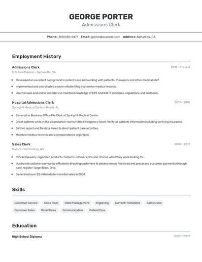 Admissions Clerk Resume