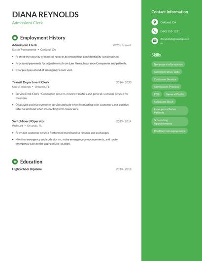 Admissions Clerk Resume