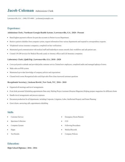 Admissions Clerk Resume