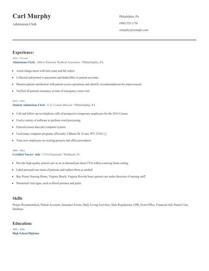 Admissions Clerk Resume