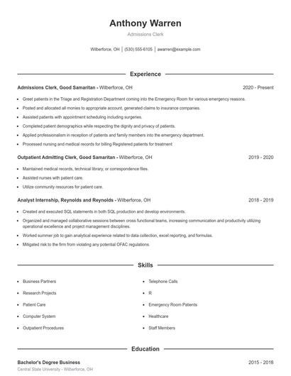 Admissions Clerk Resume