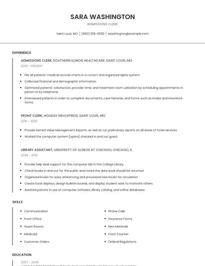 Admissions Clerk Resume
