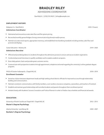 Admissions Coordinator Resume