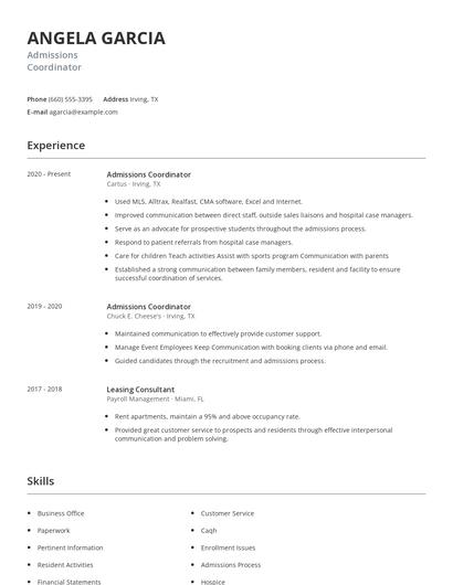 Admissions Coordinator Resume