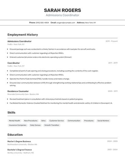 Admissions Coordinator Resume