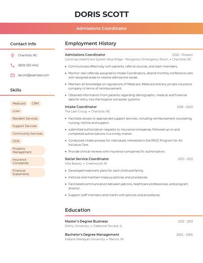 Admissions Coordinator Resume