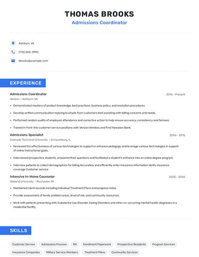 Admissions Coordinator Resume